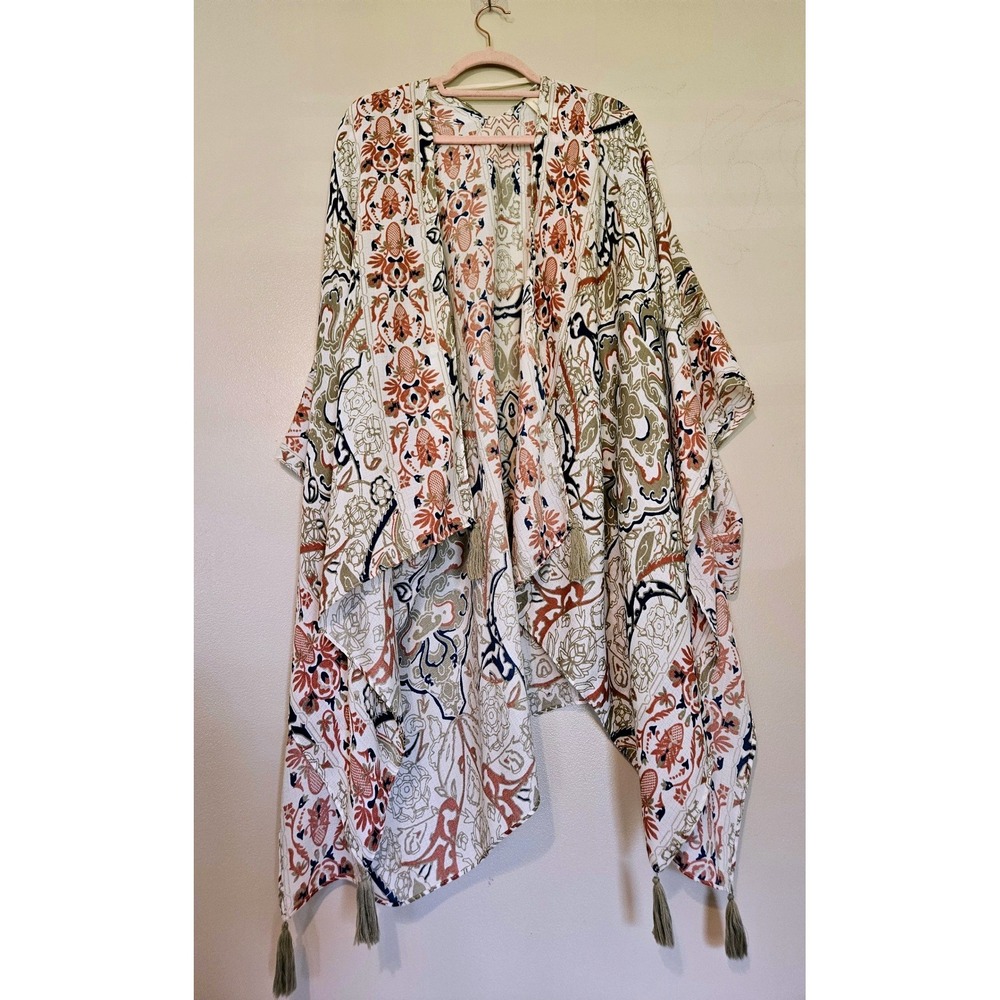 Simply Noelle Bohemian Kimono Open Front Paisley Floral Tassel Earth‎ Tones OS
